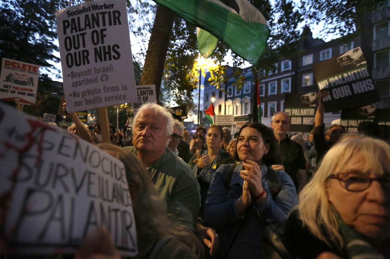 A protest in London on 1 October against the AI firm Palantir, which has a series of UK government contracts. Photograph: Martin Pope/Getty Images