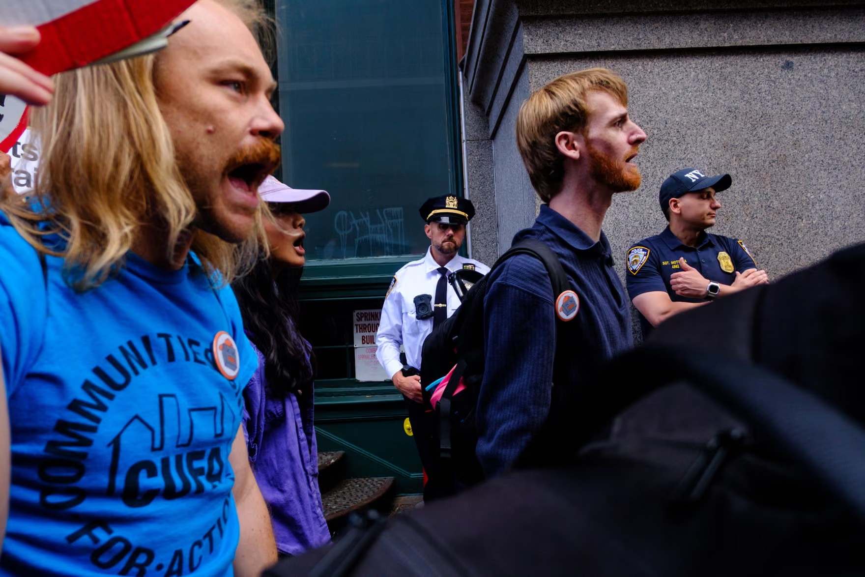 The protest outside OpenAI’s New York City office on Monday. Photograph: Julius Constantine Motal/The Guardian