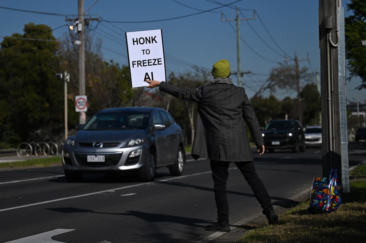 Protesters outside the Senate inquiry into datacentre regulatory frameworks in Melbourne, Australia, on 23 September. Photograph: James Ross/AAP
