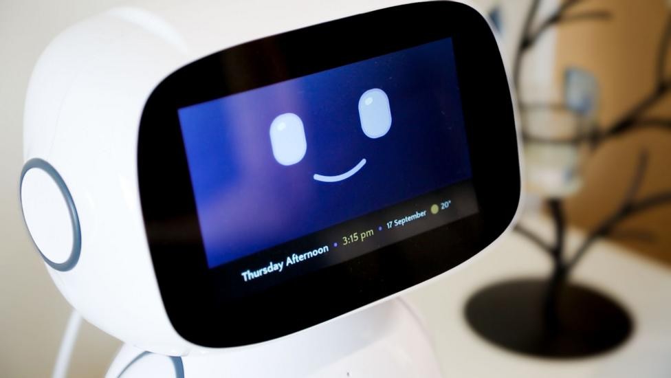 Image caption, The robots are programmed to remind residents when to take medication