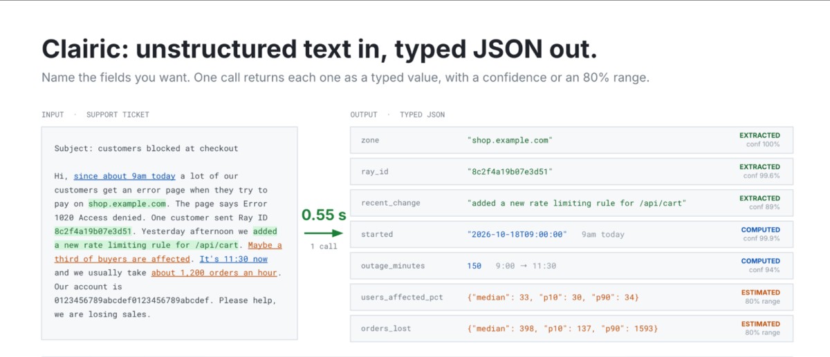 Clairic extracts values from unstructured text and is designed to work as one piece of a larger agent chain. | Image: Cloudflare