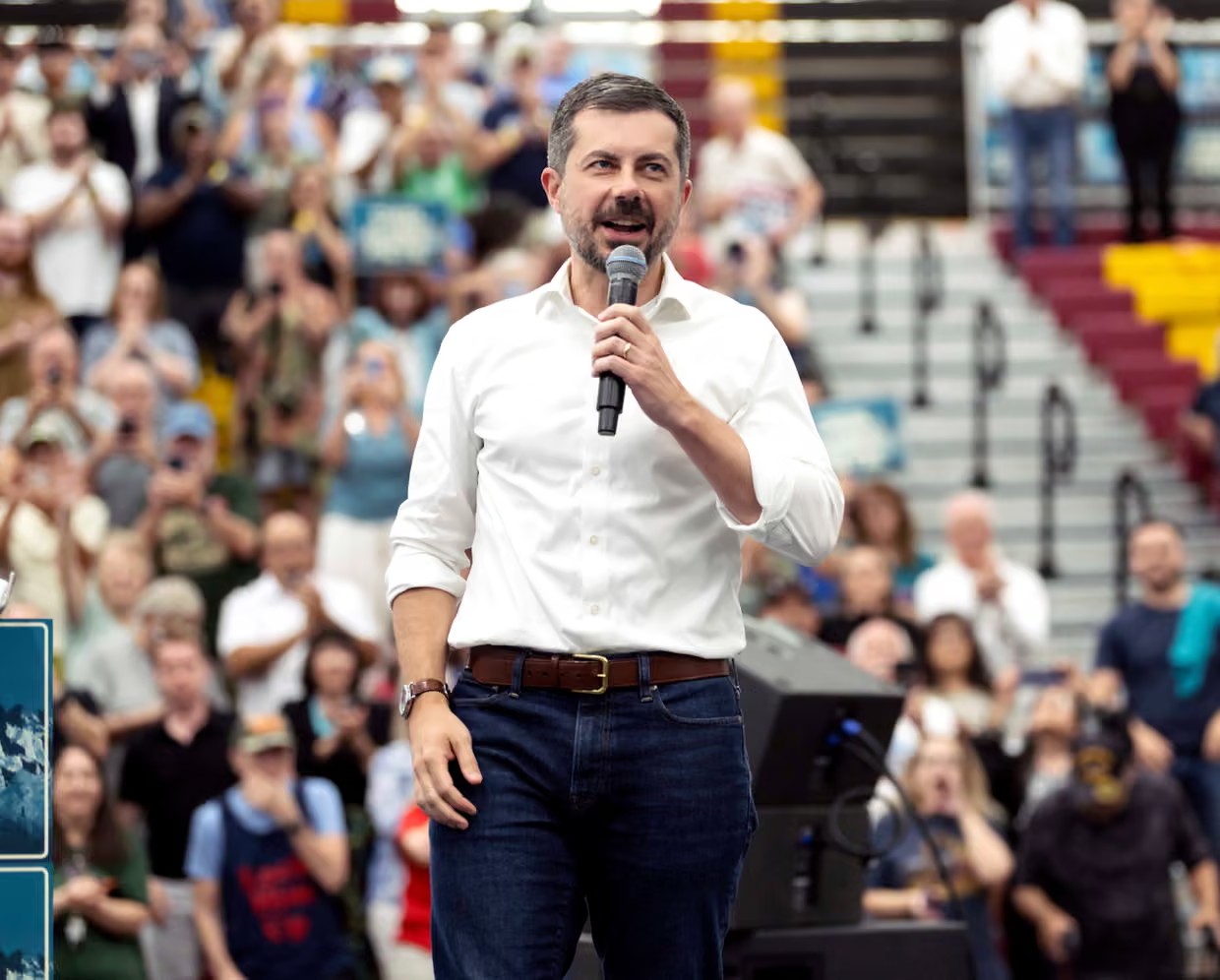 Pete Buttigieg speaks at a rally for Democratic candidates at Centennial high school in Las Cruces, New Mexico, on 13 September 2026. Photograph: Brian Cahn/ZUMA Press Wire/Shutterstock