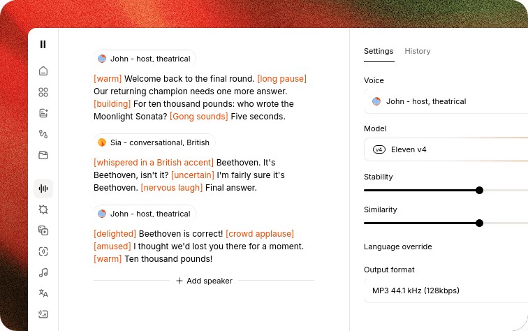Tags in the script let users set emotions, pauses, and sound effects for each line. | Image: Elevenlabs
