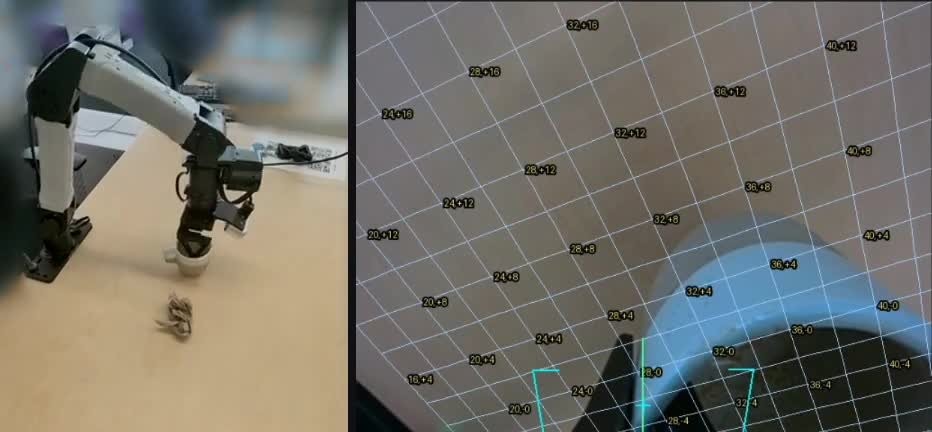 Без предварительного обучения Argon ставит опрокинутую чашку и складывает внутрь салфетку, ориентируясь на координатную сетку на изображении с камеры