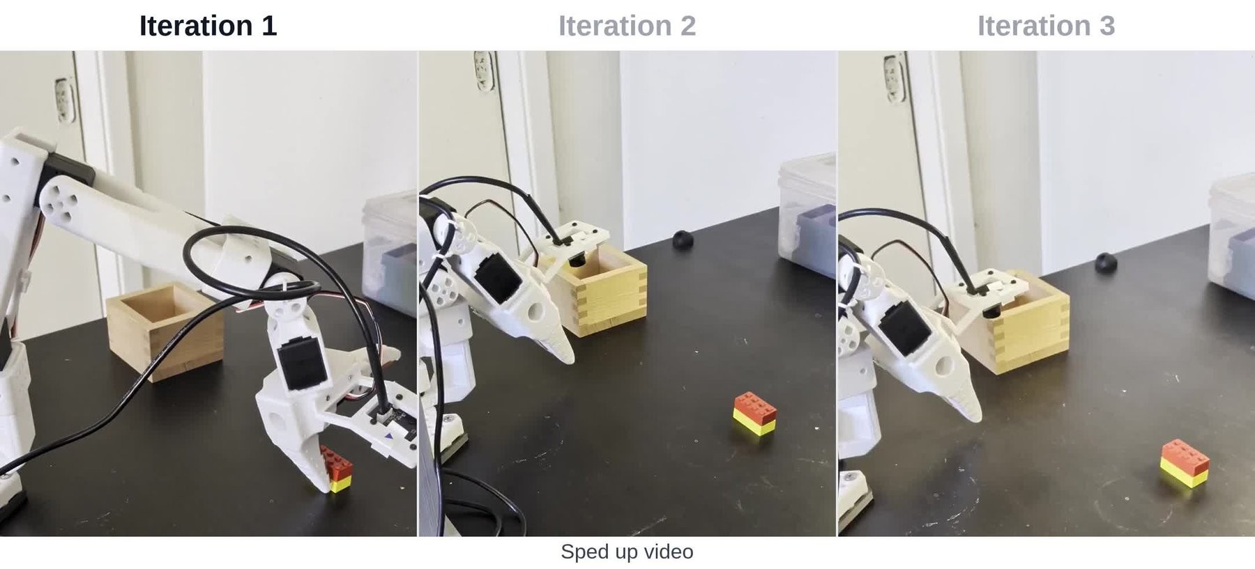 Over three iterations, Argon cuts the robot arm's execution time from 58.9 to 17.4 seconds and hits the center of the box on the final try. | Image: Google