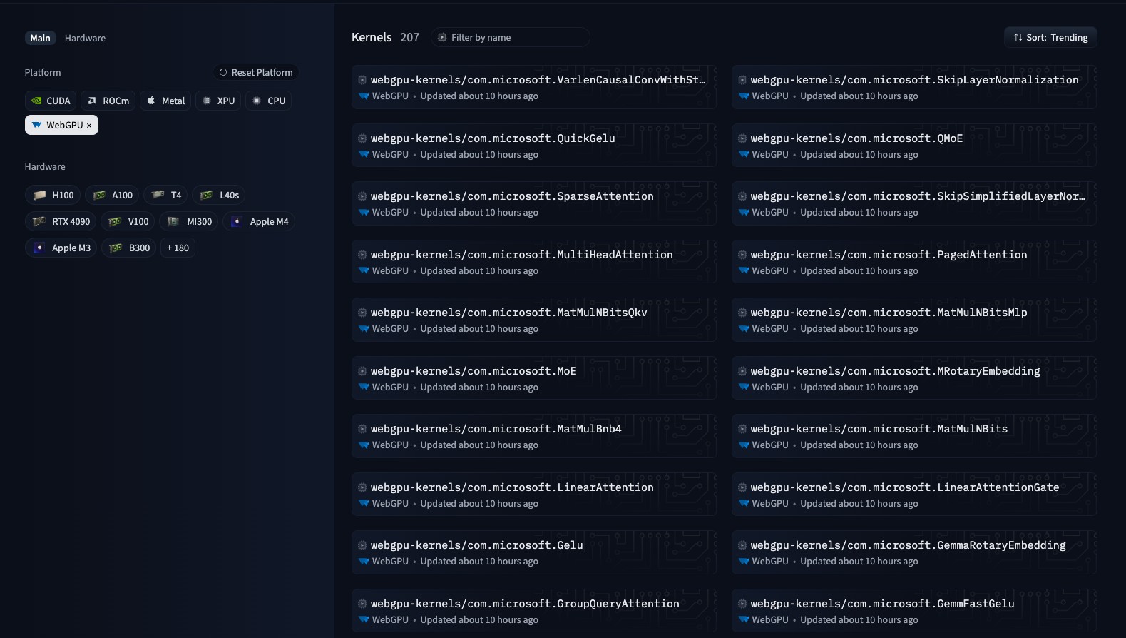 Все 207 ядер WebGPU на странице Kernels в Hub, отфильтрованные по платформе