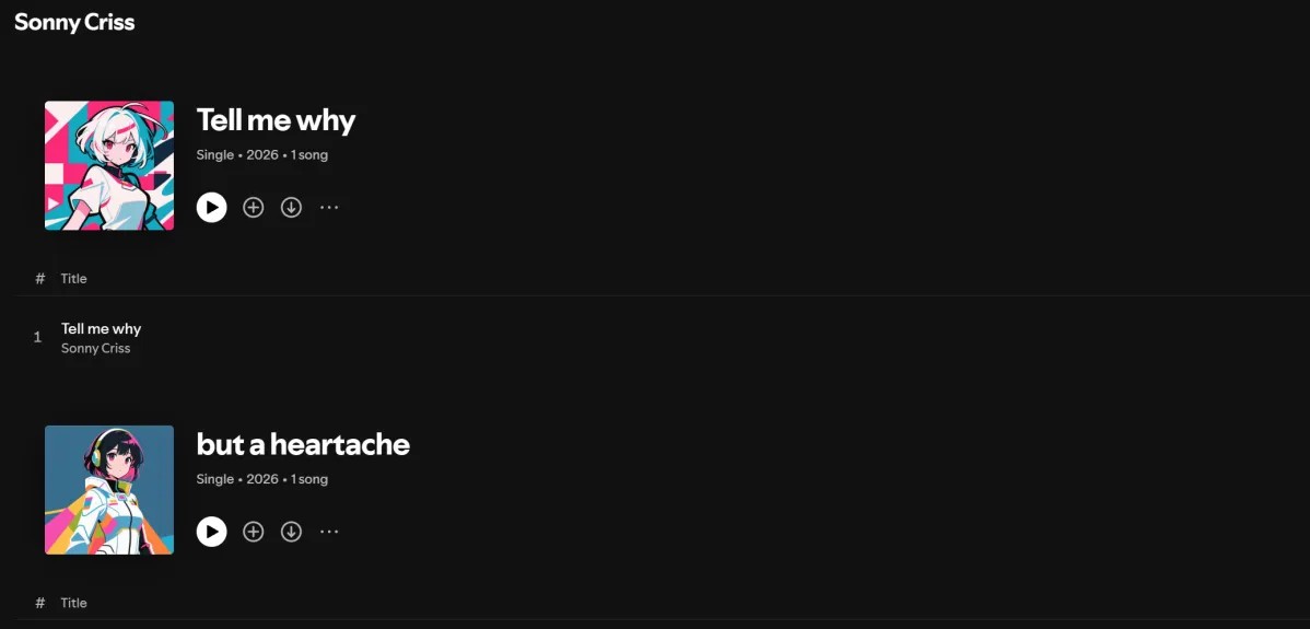 Скриншот профиля артиста Сонни Крисса в Spotify с двумя новыми синглами с изображениями аниме-девушек, сгенерированными ИИ
