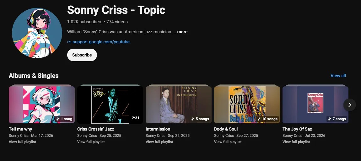 Скриншот YouTube с изображённой на сингле аниме-девушкой, сгенерированной ИИ, который приписывается известному музыканту бибопа Сонни Криссу