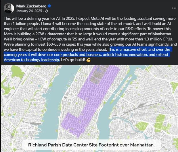 In January 2025, Zuckerberg announced plans for a 2 GW+ data center so large it would cover a significant part of Manhattan. Meta classifies these massive facilities as "pilot models" for tax purposes. | Image: Screenshot, Zuckerberg via Facebook