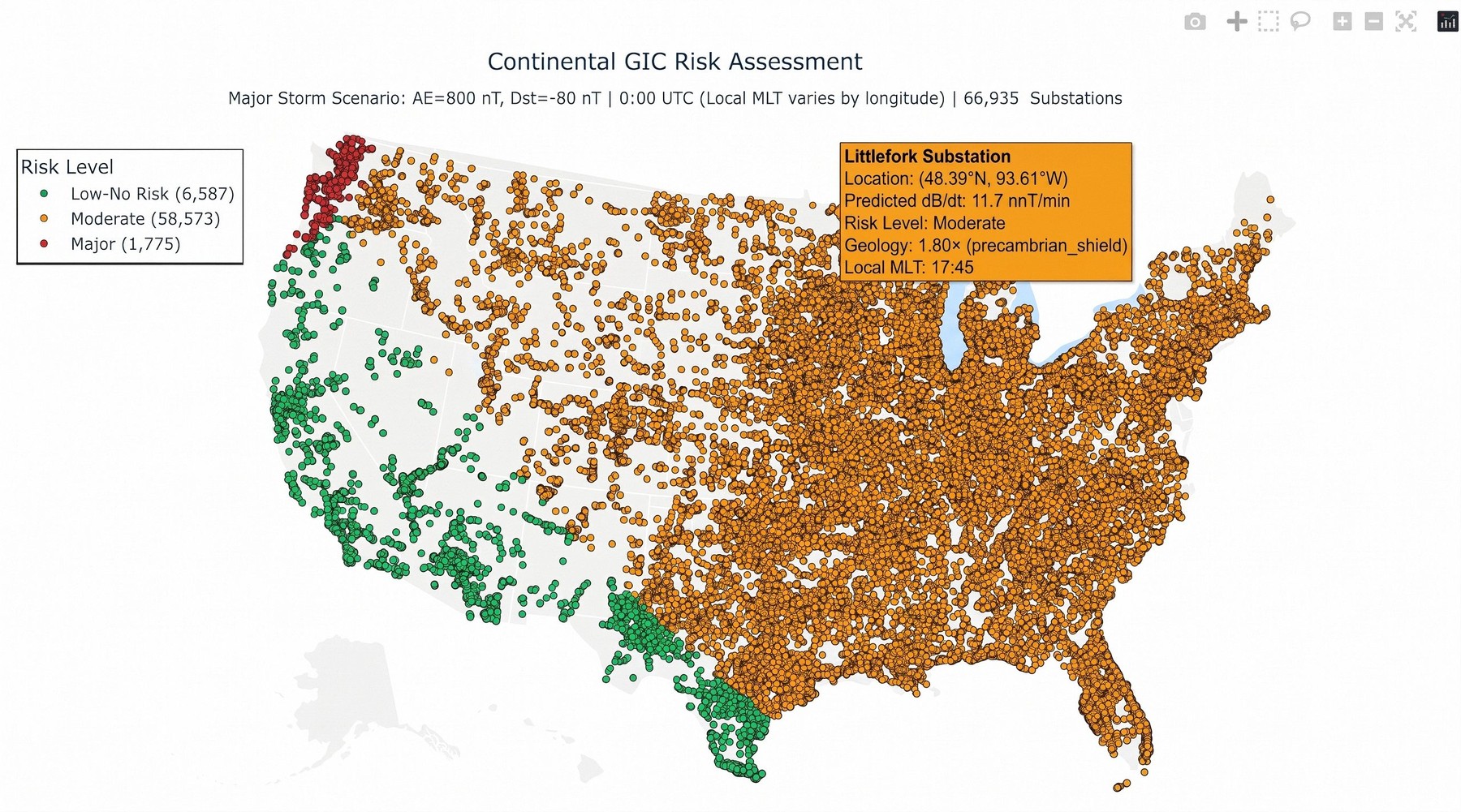 Figure 3. Demonstration of a continental GIC risk assessment under a representative major-storm scenario. Colors indicate modeled risk levels across 66,935 substations.