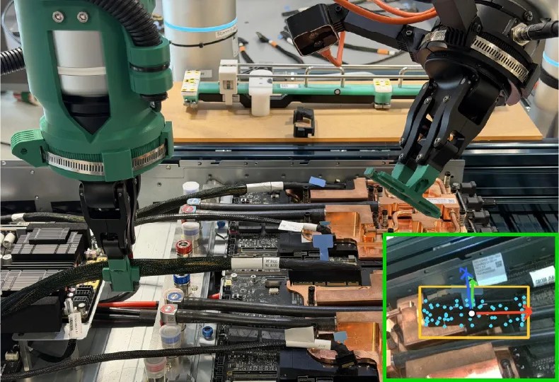Figure 6. An exposed connector after its cable has been grasped and lifted. [Inset] View from a wrist-mounted RealSense D405 camera. The connector’s bounding box, keypoints, and 6D pose from DOPER are annotated