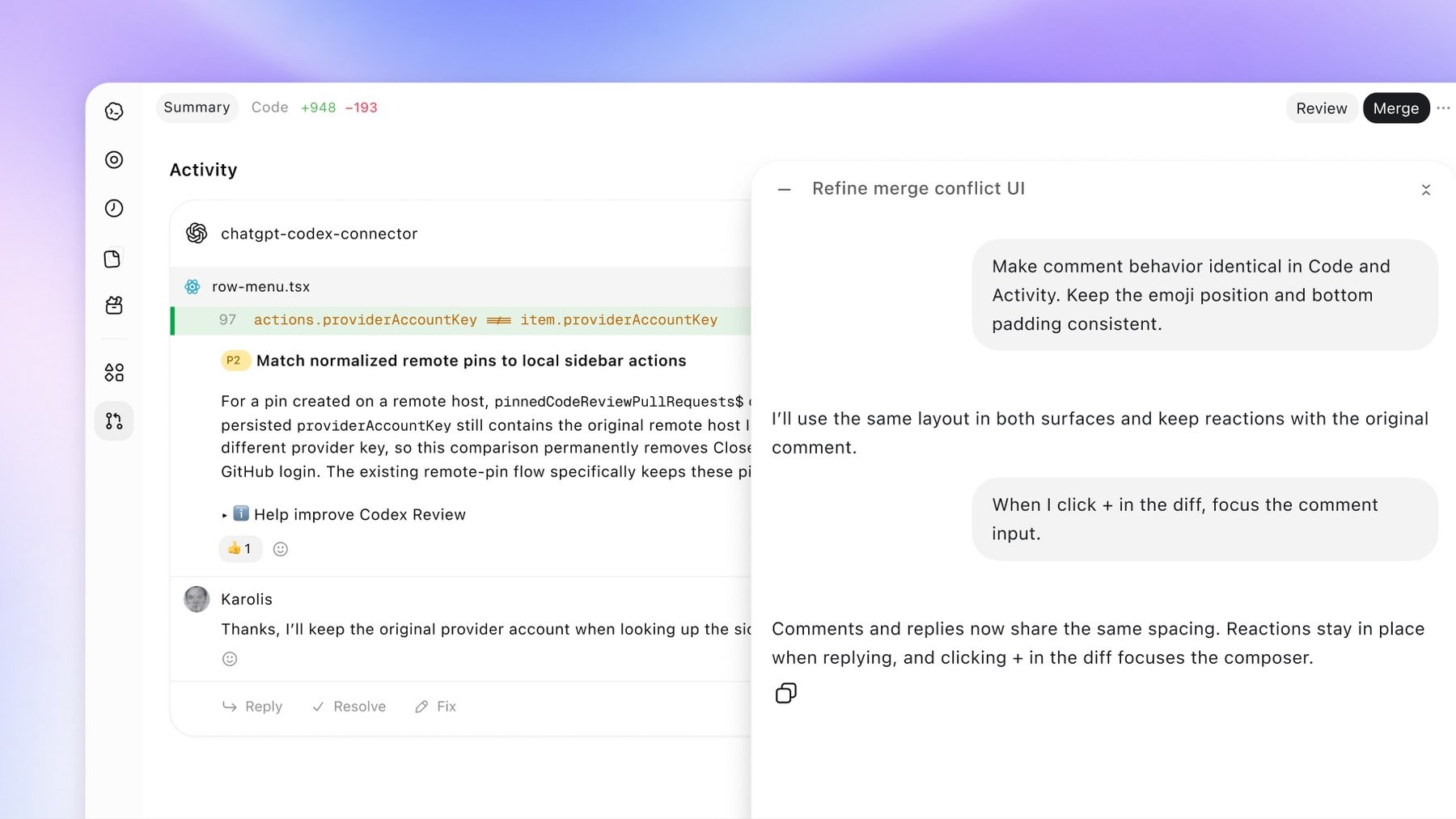 В новом интерфейсе проверки кода Codex комментирует изменения и по запросу вносит исправления