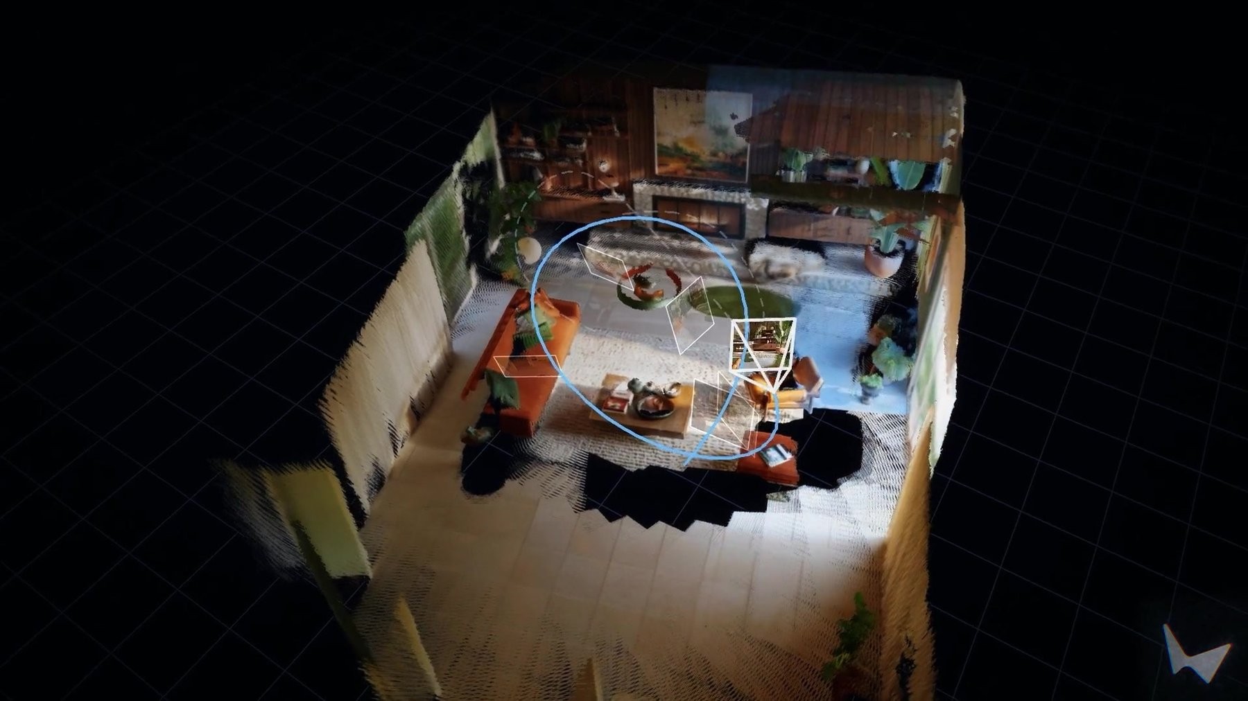 Помимо изображений, Atlas также выдаёт сцены в виде явных 3D-данных — здесь они представлены как облако точек с соответствующей траекторией камеры