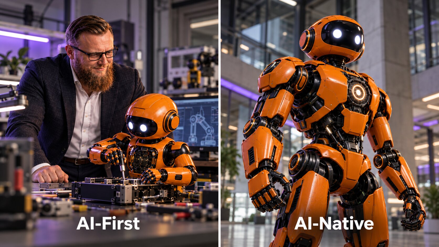 AI-First: человек контролирует работу оранжевого робота. AI-Native: большой оранжевый робот как основа предложения.